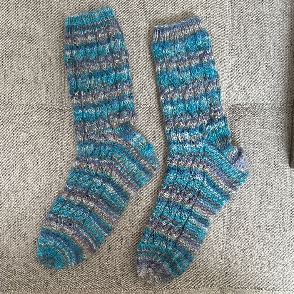 Hand Knit Blue and Gray Women's Cabled Socks